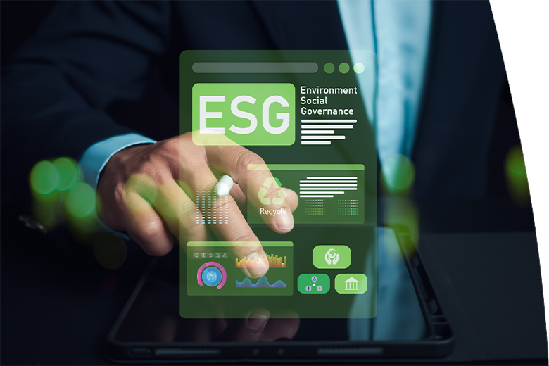 ESG environmental social governance investment business concept, Man hand using laptop to analyze ESG on screen in business investment strategy concept, Environmental and business growth together.
